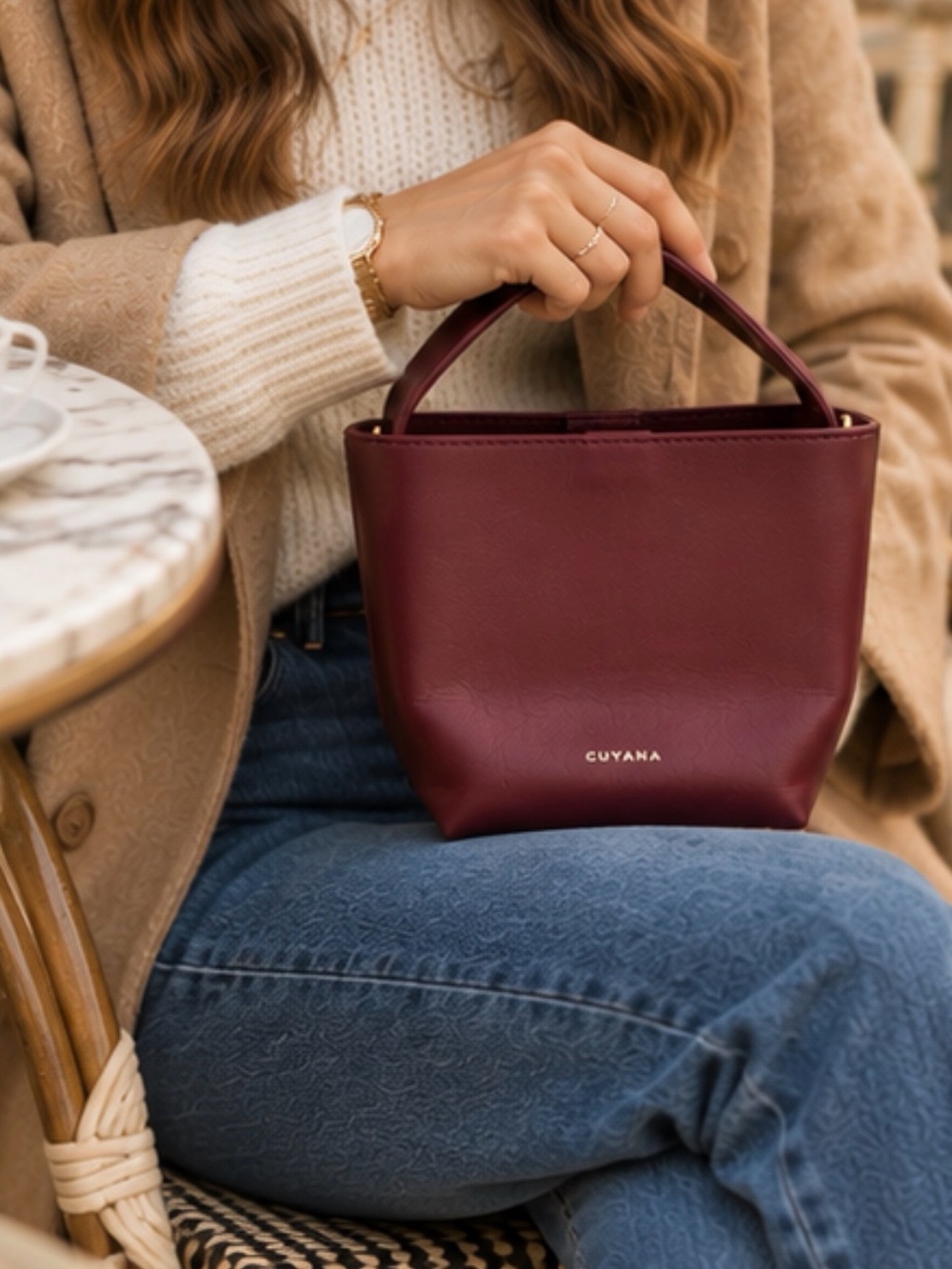 Cuyana Mini Linea Bucket Bag Burgundy Leather Mini Handbag Missing Crossbody